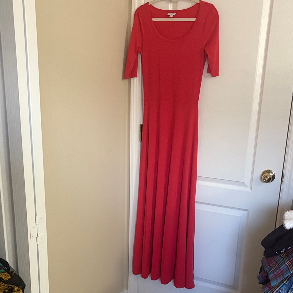 LuLaRoe Simply Comfortable Vibrant Red Maxi Scoop Neck Quarter Sleeve Dress